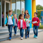 एक केंद्रीय स्कूल के बाहर हरा भरा गार्डन दिखता हुआ और उसमें प्रिंसिपल और अभिभावक अपने बच्चों के साथऑफिस में बात करते हुए